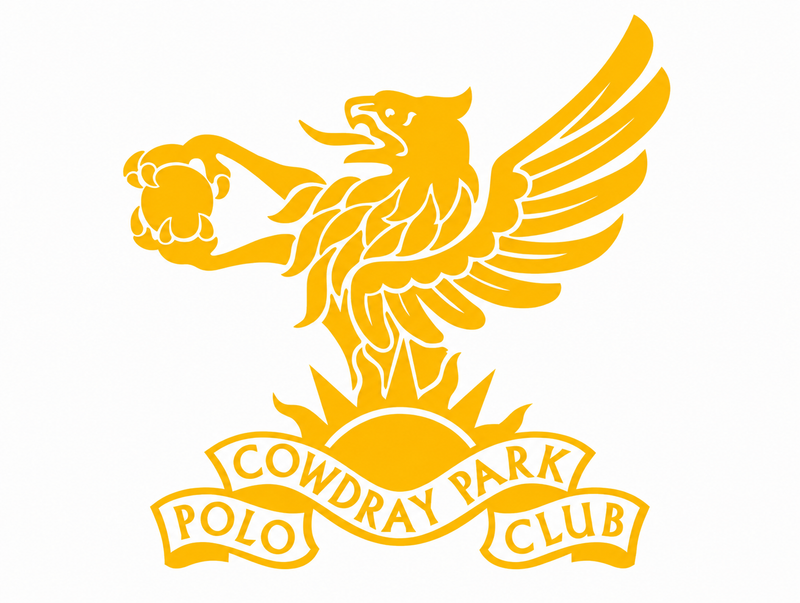 Yellow logo of Cowdray Park Club with an eagle holding a polo ball on a white background