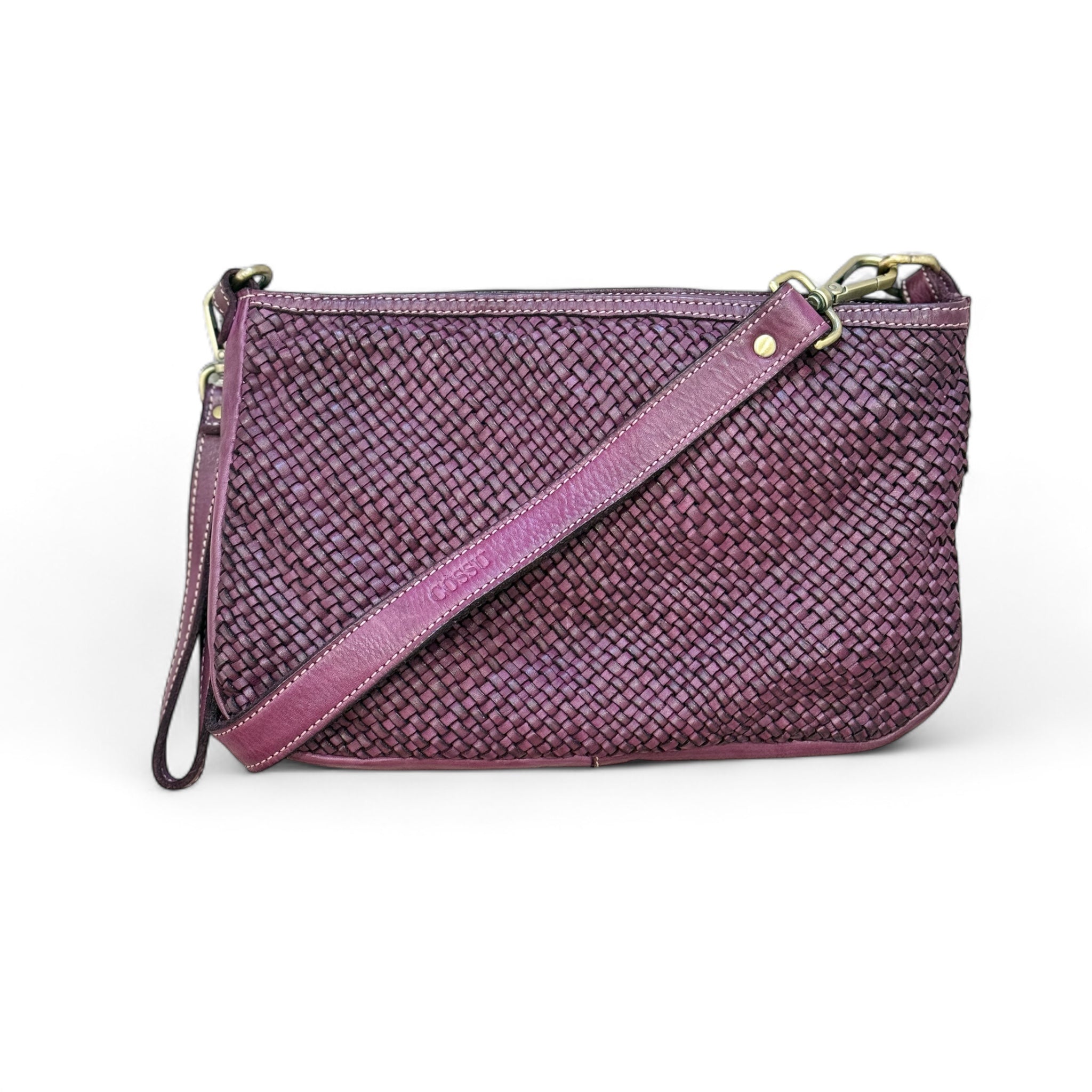 Burgundy Aubergine colour Woven Italian leather handbag with shoulder strap
Kent Sussex Surrey Independent handbag retailer 