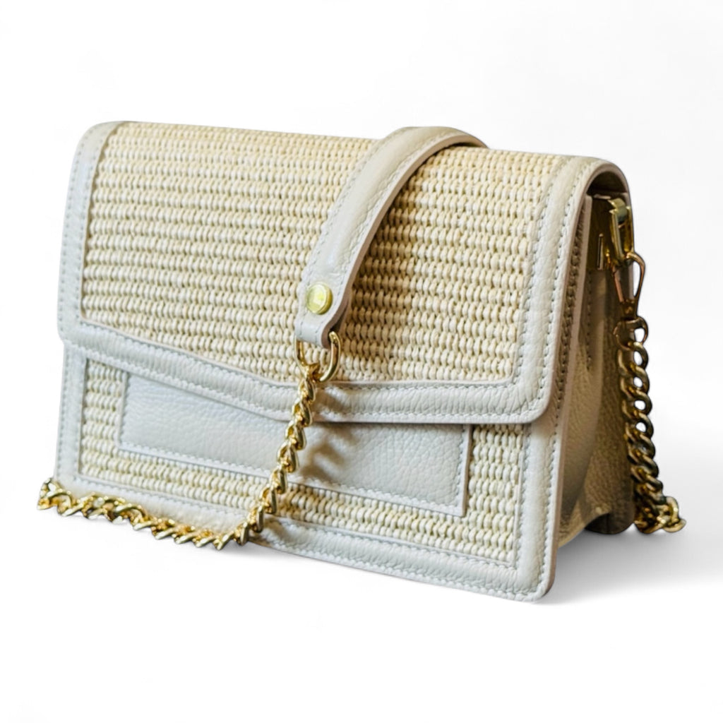 Cream leather shoulder bag with gold chain detail  