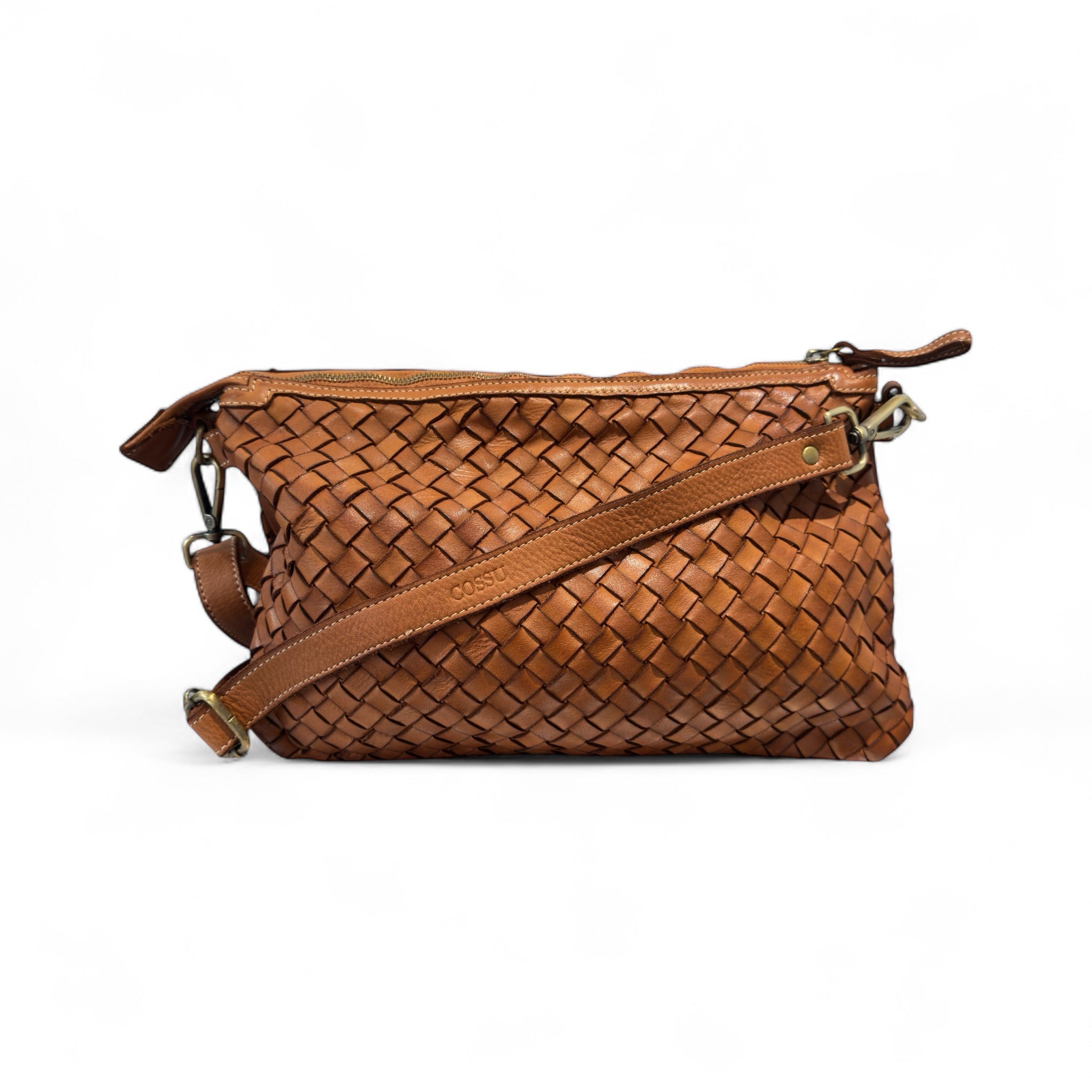 Woven Italian leather handbag with shoulder strap 