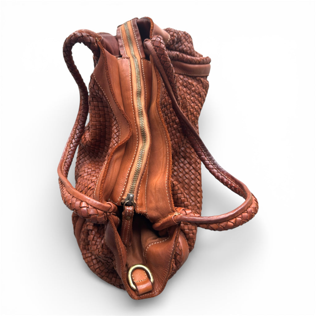 Tan woven Italian leather handbag with braided design on a white background UK made in Italy 