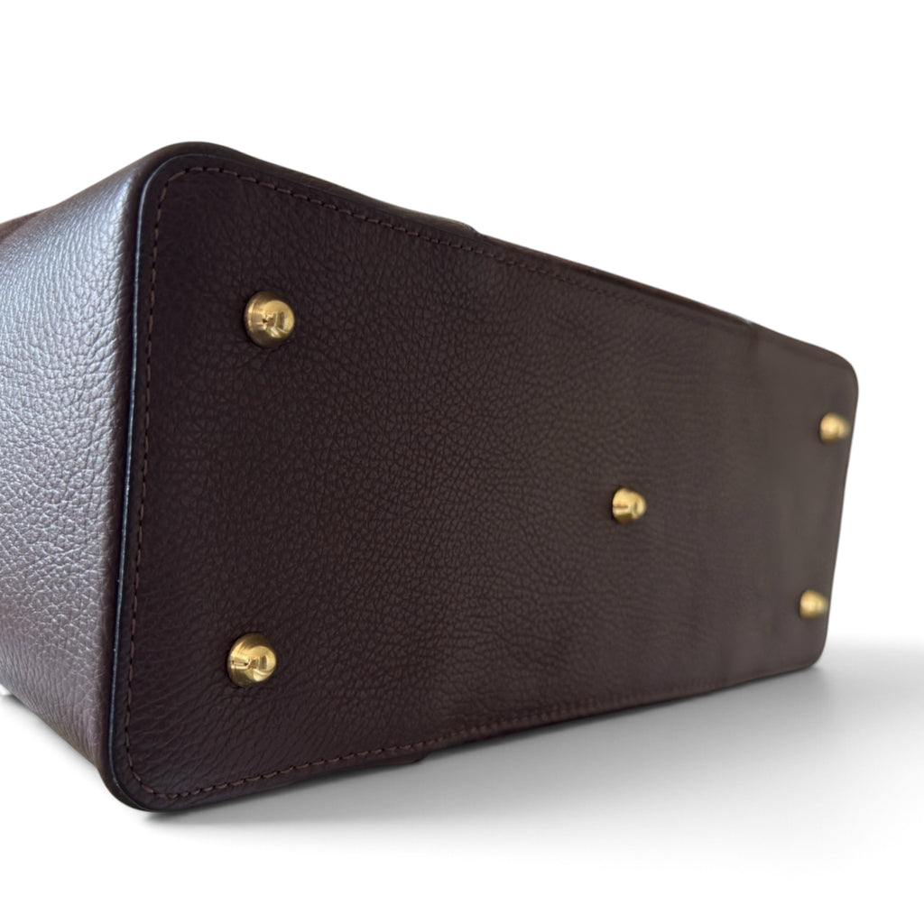 Structured brown suede and leather  handbag with
 bamboo top handle